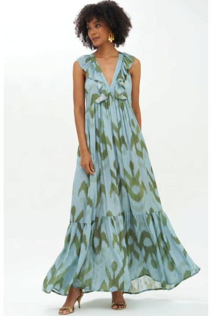 OLIPHANT Ruffle V-Neck Maxi Dress Chitka Blue Green Printed Sleeveless Women's L