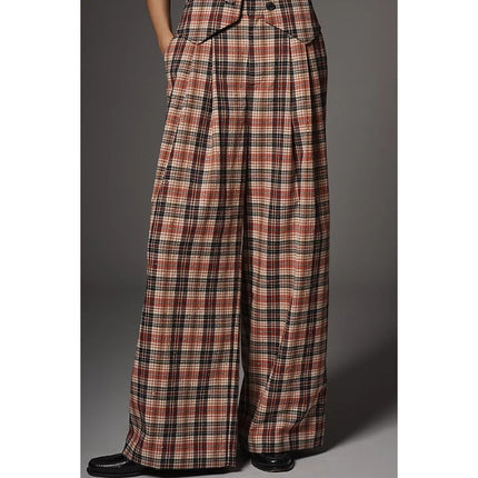 Maeve Avery Sparkle Pleated Wide Leg Trousers Plaid Red Multicolor Women's XS