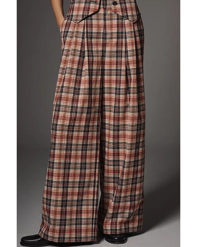 Maeve Avery Sparkle Pleated Wide Leg Trousers Plaid Red Multicolor Women's XS