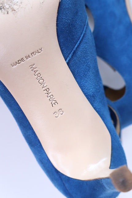 MARION PARKE Mitchell Blue Suede Caged Heel Multi Buckle Women's 36/US 6