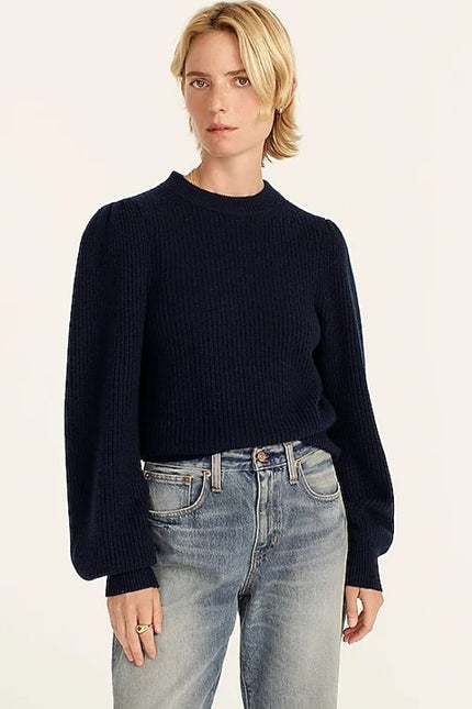 J. CREW 100% Cashmere Puff Sleeve Sweater Navy Blue Mock Neck Women's XS