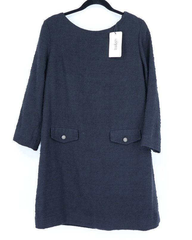 BA&SH Auxane Dress Black NWT Tweed Long Sleeve Button Back Mini Women's 4/US XL