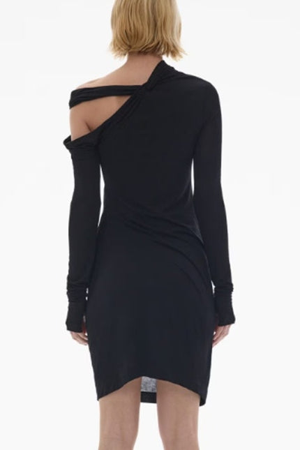 HELMUT LANG Black Asymmetric Mini Dress NWT Twisted Long Sleeve Women's M