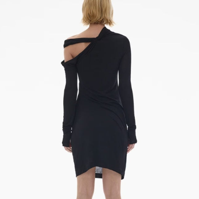 HELMUT LANG Asymmetric Mini Dress NWT Black Twisted Long Sleeve Women's M
