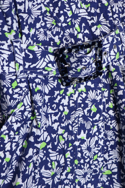 TANYA TAYLOR Coral Floral Linen Mini Dress Blue Belted Puff Sleeve Women's 4