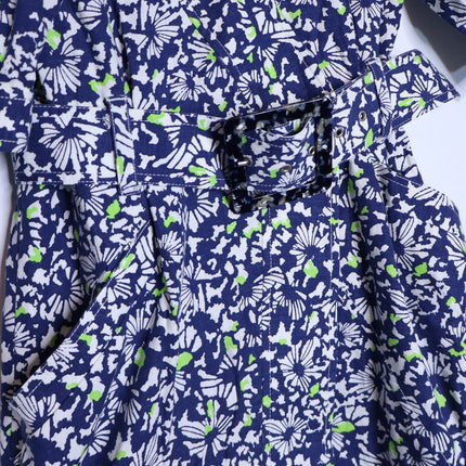 TANYA TAYLOR Coral Floral Linen Mini Dress Blue Belted Puff Sleeve Women's 4