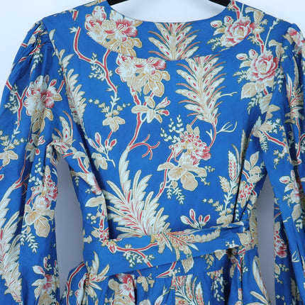 Mille Nan Wrap Dress Blue Floral Cotton Balloon Sleeve Mini Women's XS