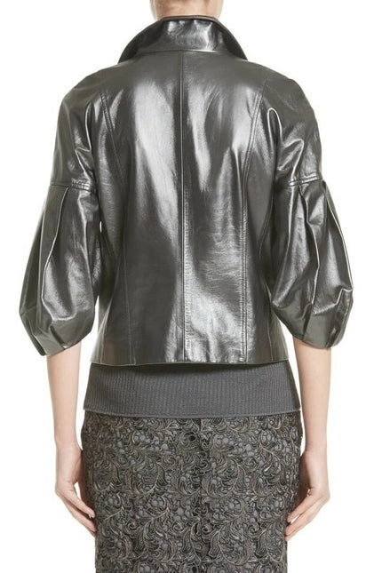 ST. JOHN Nappa Leather Jacket Dark Grey Silk Lined Half Sleeve Women's XL