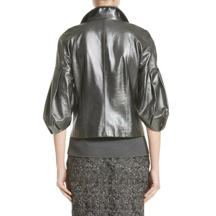ST. JOHN Nappa Leather Jacket Dark Grey Silk Lined Half Sleeve Women's XL