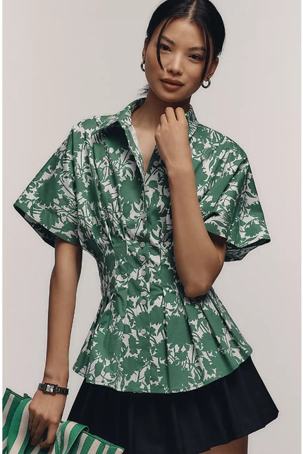 EXQUISE Green Tobie Blouse Short Sleeve Pleated Button Front Women's S