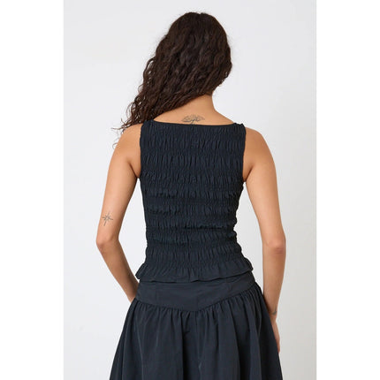 Peachy Den Deba Top Onyx Black Smocked Peplum Hem Sleeveless Tank Women's S