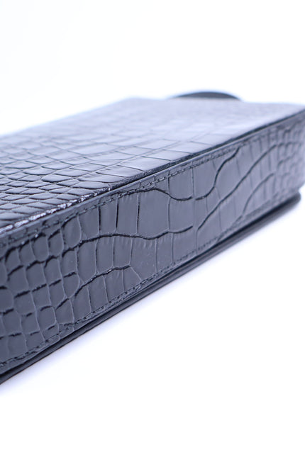 JIMMY CHOO Palace Croc-Embossed Crossbody Purse Black Leather and Chain Strap