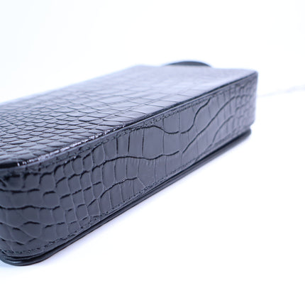 JIMMY CHOO Palace Croc-Embossed Crossbody Purse Black Leather and Chain Strap