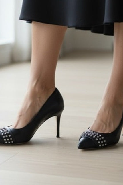 MARION PARKE CZ Studded Pumps Black Leather Pointed Toe Heel Women's 38.5/US 8.5