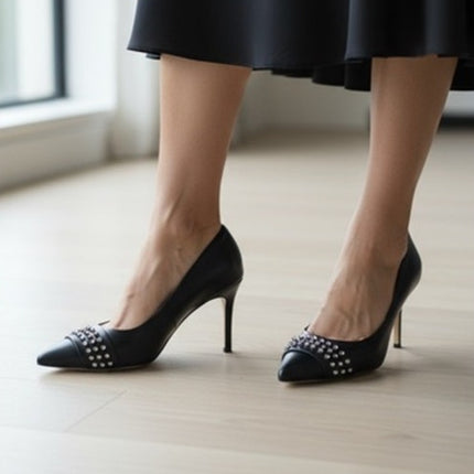 MARION PARKE CZ Studded Pumps Black Leather Pointed Toe Heel Women's 38.5/US 8.5