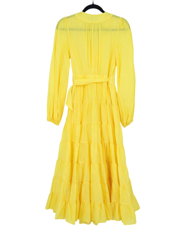 BANANA REPUBLIC Stampa Wrap Dress Yellow Tiered Skirt Long Sleeve Women's XS
