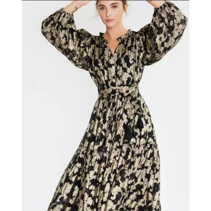 Mille Marlo Dress Black Gold Metallic Jacquard Belted Long Sleeve Women's XXS