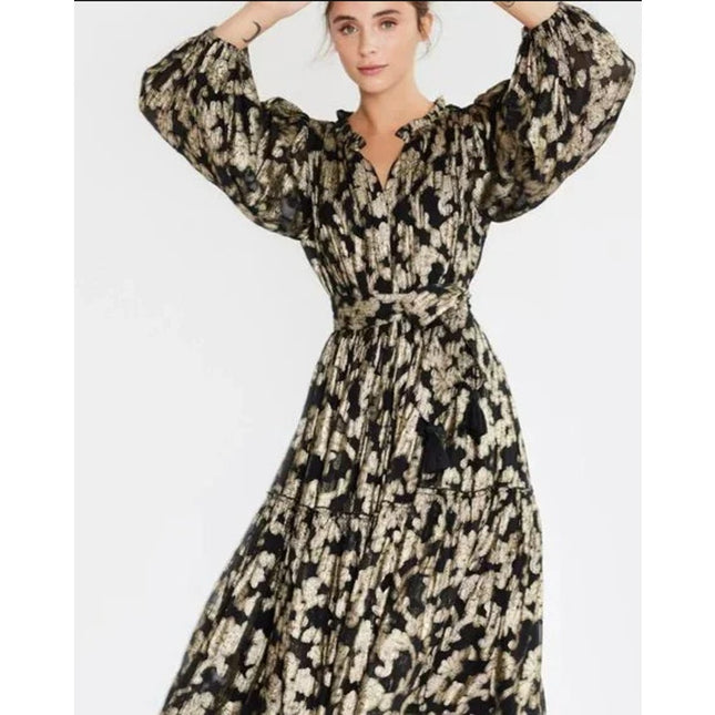 Mille Marlo Dress Black Gold Metallic Jacquard Belted Long Sleeve Women's XXS