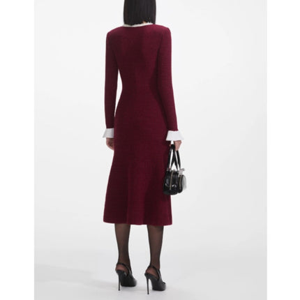 Self-Portrait Burgundy Pearl Trim Knit Midi Dress Long Sleeve Women's M