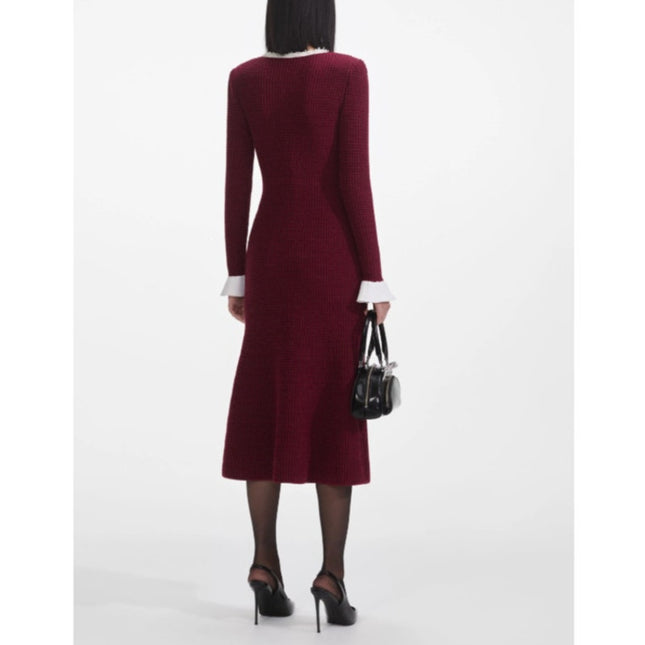 Self-Portrait Burgundy Pearl Trim Knit Midi Dress Long Sleeve Women's M