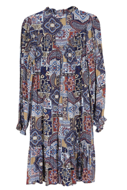 TYLER BOE Michelle Patchwork Mini Dress Brown Multi NWT Popover Ruffle Women's M