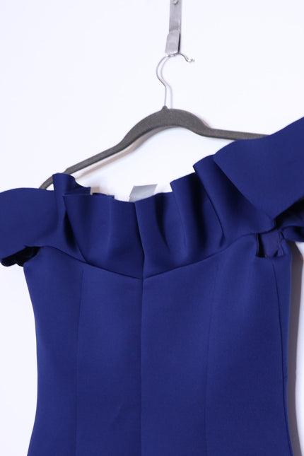BADGLEY MISCHKA Ruffled Off-Shoulder Sheath Dress Navy Stretch Scuba Women's 4