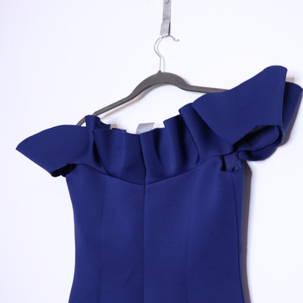 BADGLEY MISCHKA Ruffled Off-Shoulder Sheath Dress Navy Stretch Scuba Women's 4
