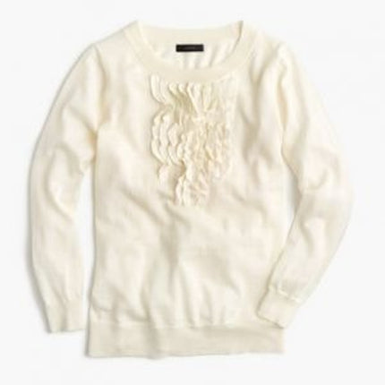 J. Crew Ruffled Pullover Sweater Ivory Wool Crew Neck 3/4 Sleeve Women's XS