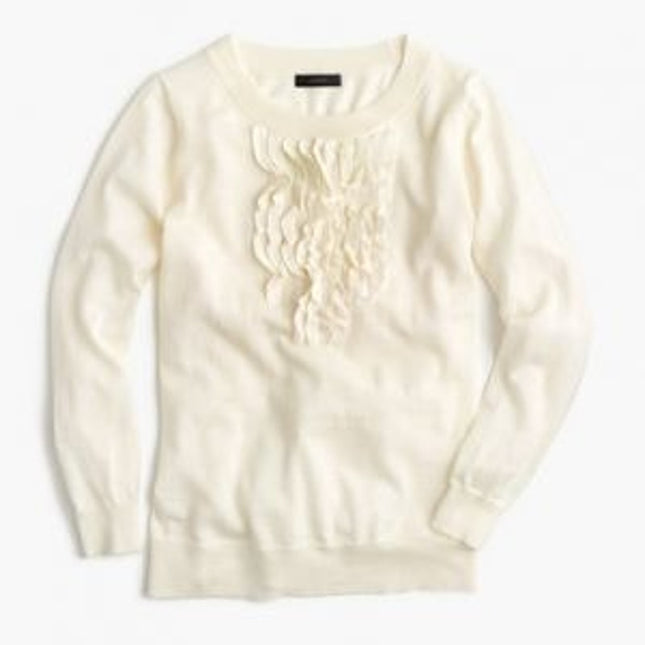 J. Crew Ruffled Pullover Sweater Ivory Wool Crew Neck 3/4 Sleeve Women's XS