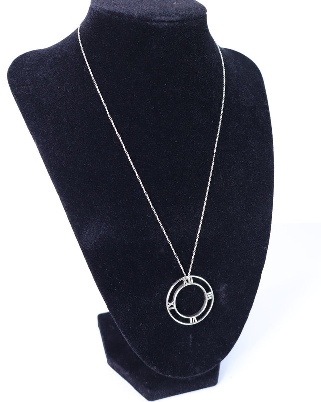 TIFFANY & CO Silver Atlas Pendant Chain Necklace Open Round Roman Clock Numerals