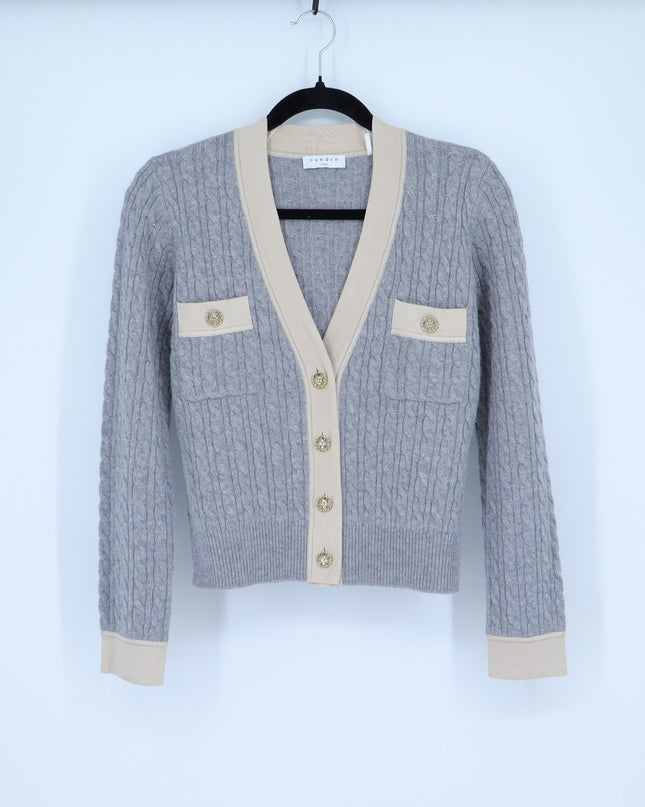 Sandro Jane Cable Knit Sweater Gray and Tan Cashmere Wool Women's 0/US XS