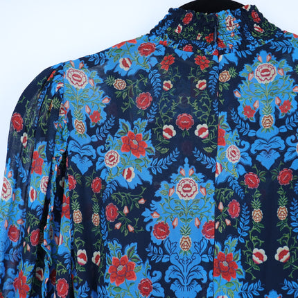 FARM RIO Blue Arabesque Dress NWT Floral High Neck Long Sleeve Women's XXS