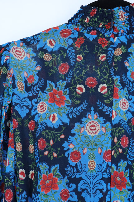 FARM RIO Blue Arabesque Dress NWT Floral High Neck Long Sleeve Women's XXS