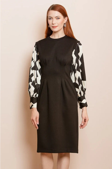JESSIE LIU Ponte Midi Dress Black Printed Sleeves Tailored Fit Women's XS