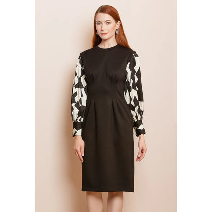 JESSIE LIU Ponte Midi Dress Black Printed Sleeves Tailored Fit Women's XS
