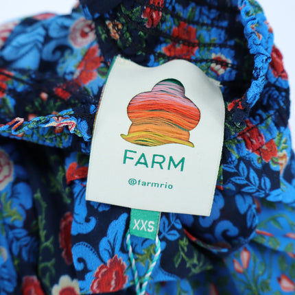 FARM RIO Blue Arabesque Dress NWT Floral High Neck Long Sleeve Women's XXS