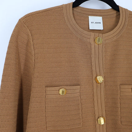 ST. JOHN Racking Stitch Knit Cardigan Tan Front Pockets Button Up Women's L