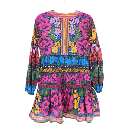 Farm Rio Puff Sleeve Tunic Mini Dress Black Multi V Neck Pullover Women's S