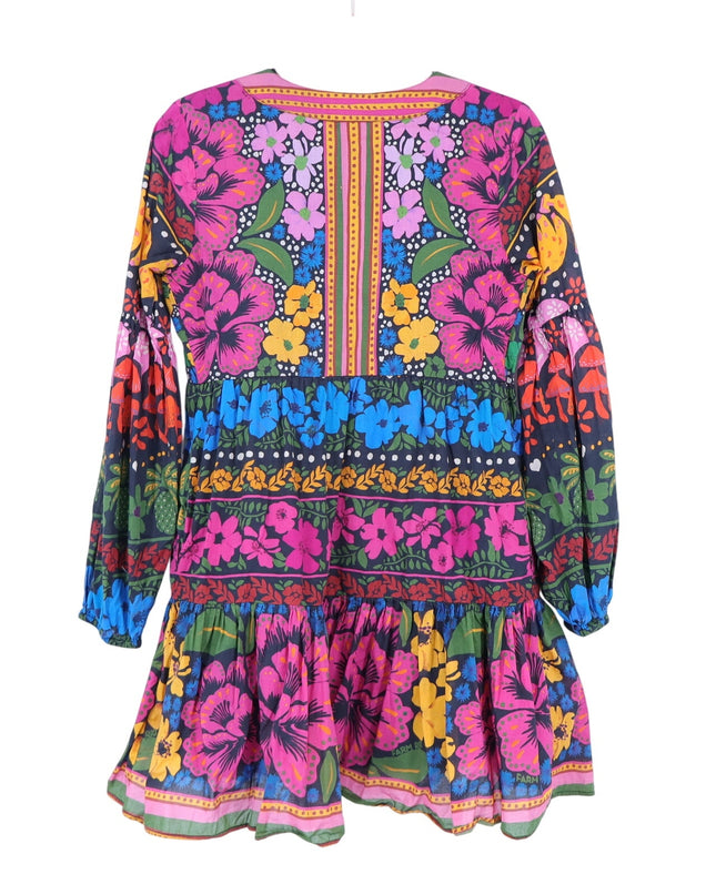 Farm Rio Puff Sleeve Tunic Mini Dress Black Multi V Neck Pullover Women's S