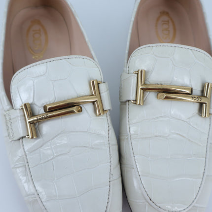 Tod's Double T Croc-Embossed Leather Loafer Ivory Slip On Women's 35/US 5