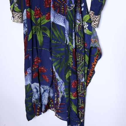 TAJ BY SABRINA Malta Blue Wrap Dress Embroidered Safari Print Women's XS