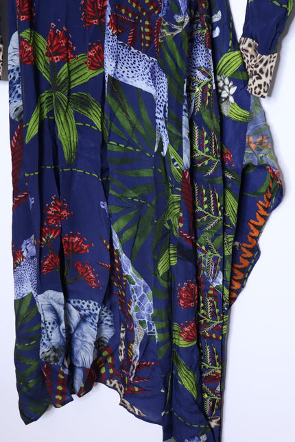 TAJ BY SABRINA Malta Blue Wrap Dress Embroidered Safari Print Women's XS