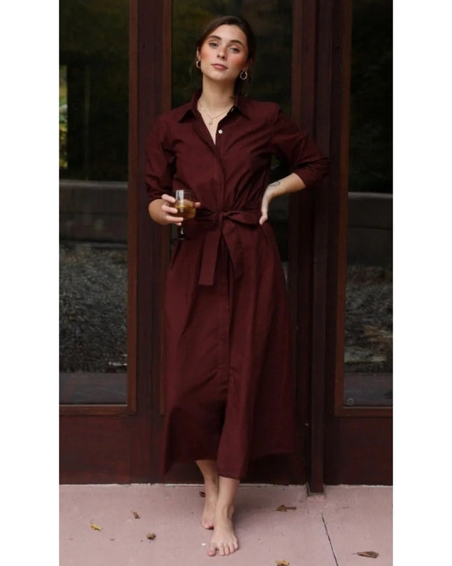 Mille Stella Shirt Dress Burgundy Midi Button Front Long Sleeve Women's XXS