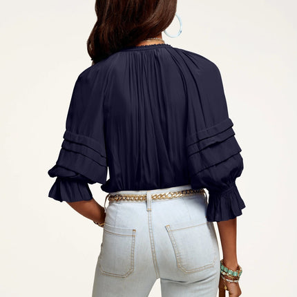 Ramy Brook Randi Puff Sleeve Top Navy Blue Split Tie Neck Satin Women's M