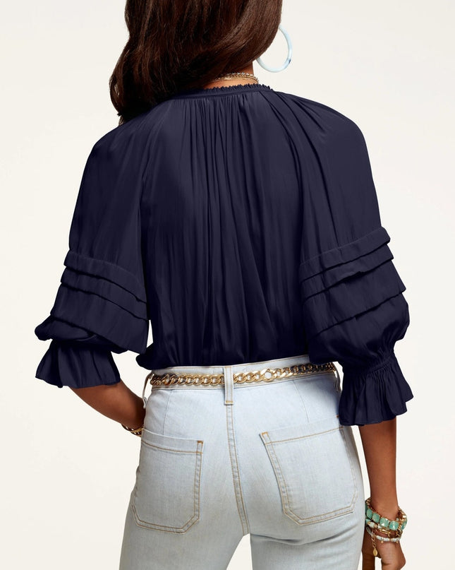 Ramy Brook Randi Puff Sleeve Top Navy Blue Split Tie Neck Satin Women's M