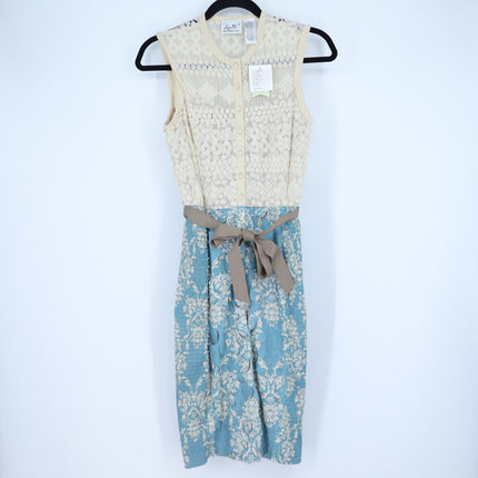Beguile by Bryon Lars Motif Lace Sheath Dress Cream Blue NWT Belted Women's 0