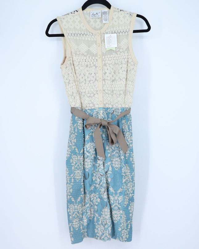 Beguile by Bryon Lars Motif Lace Sheath Dress Cream Blue NWT Belted Women's 0