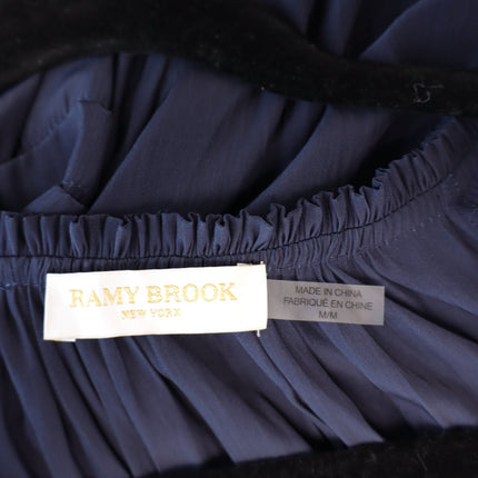 Ramy Brook Randi Puff Sleeve Top Navy Blue Split Tie Neck Satin Women's M
