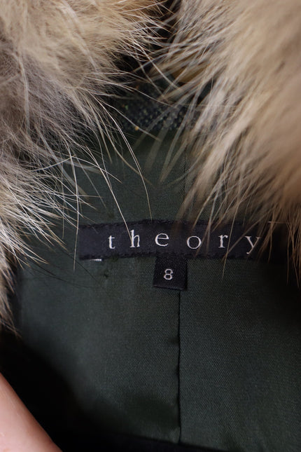 THEORY Tweed Blazer Olive Green Removable Rabbit Fur Collar Jacket Women's 8