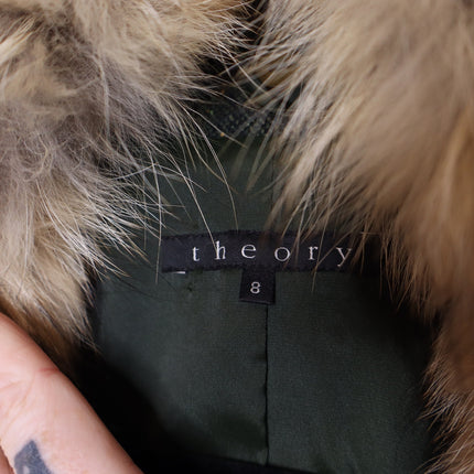 THEORY Tweed Blazer Jacket NWOT Olive Green Removable Rabbit Fur Collar Women's 8